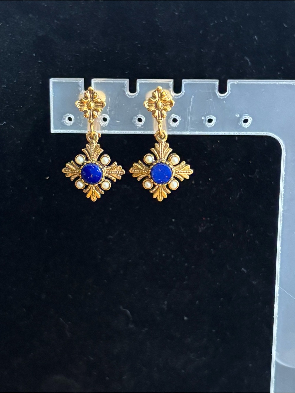 Vintage Avon Victorian Revival “Vienna” Earrings with Lapis Blue Centers